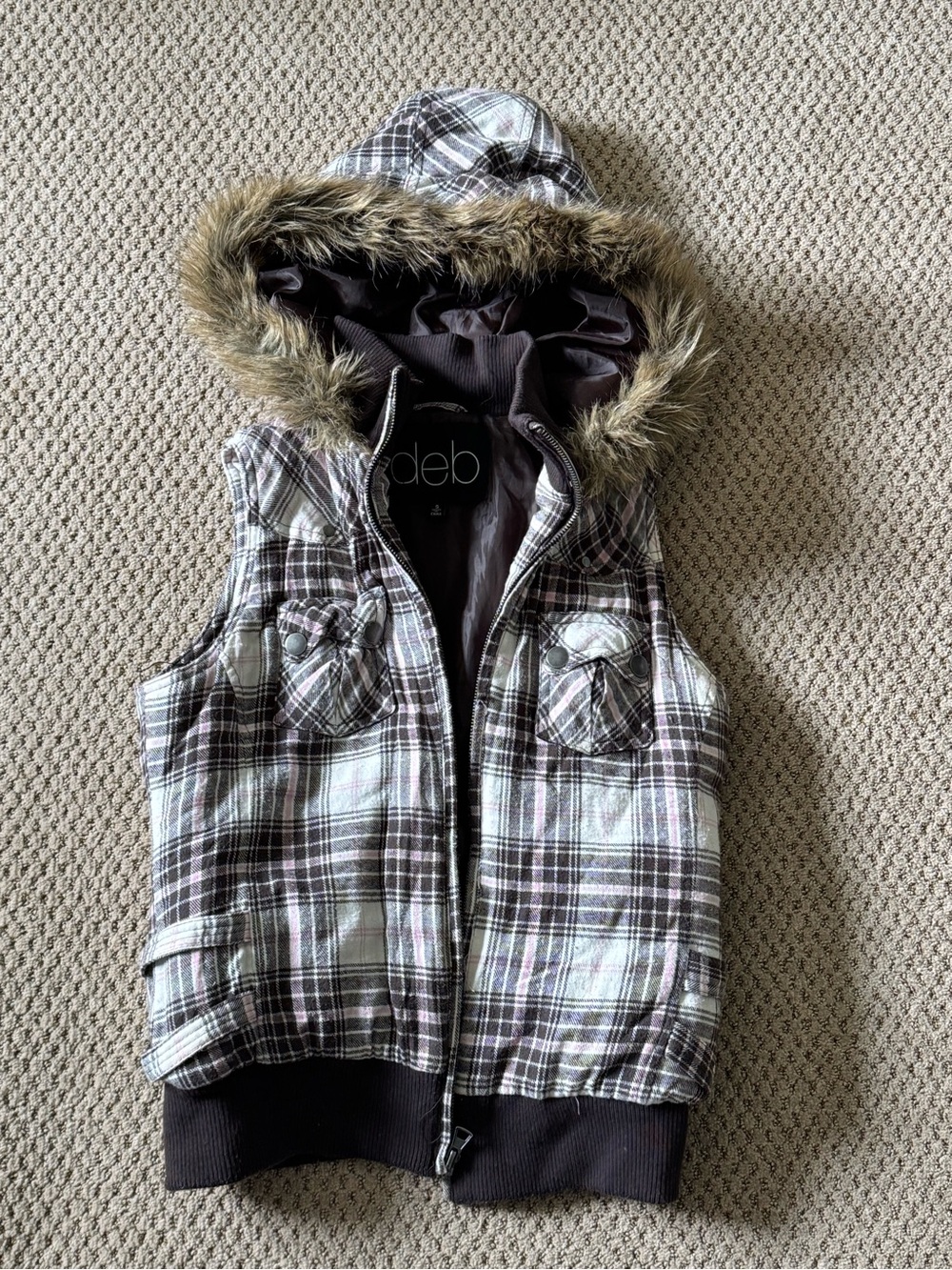 Deb Plaid Hooded Vest with Faux Fur Trim - Brown & Cream